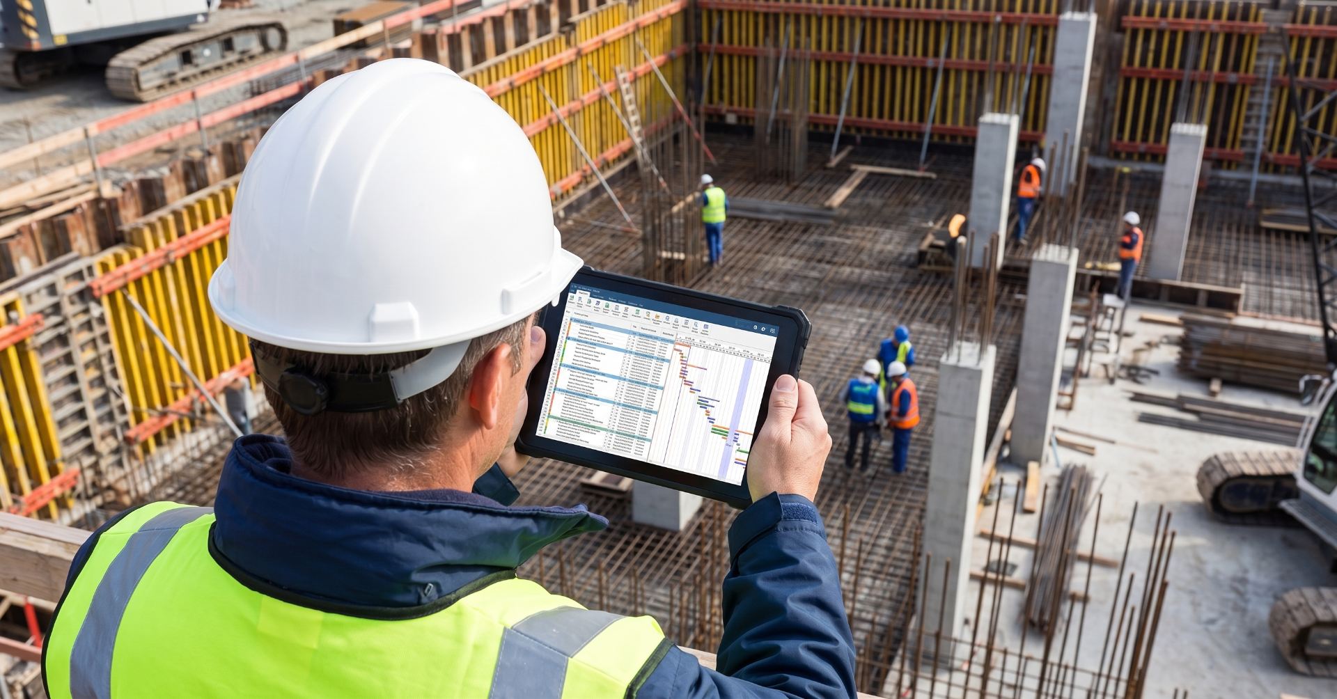 Engenheiro acompanha o cronograma no tablet, do alto do canteiro